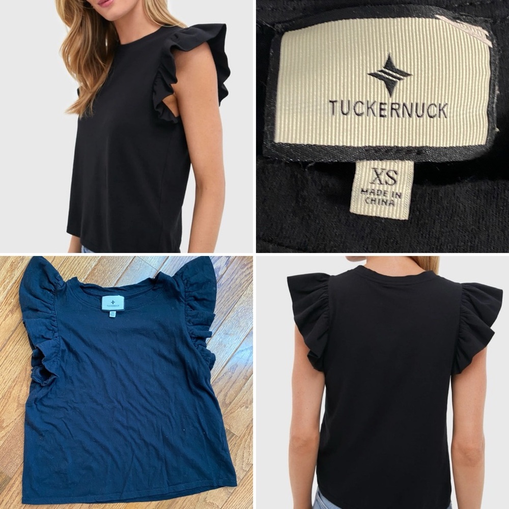 Tuckernuck $80 Kaia 100% Cotton Black Sleeveless Ruffle Flutter Tee XS EUC